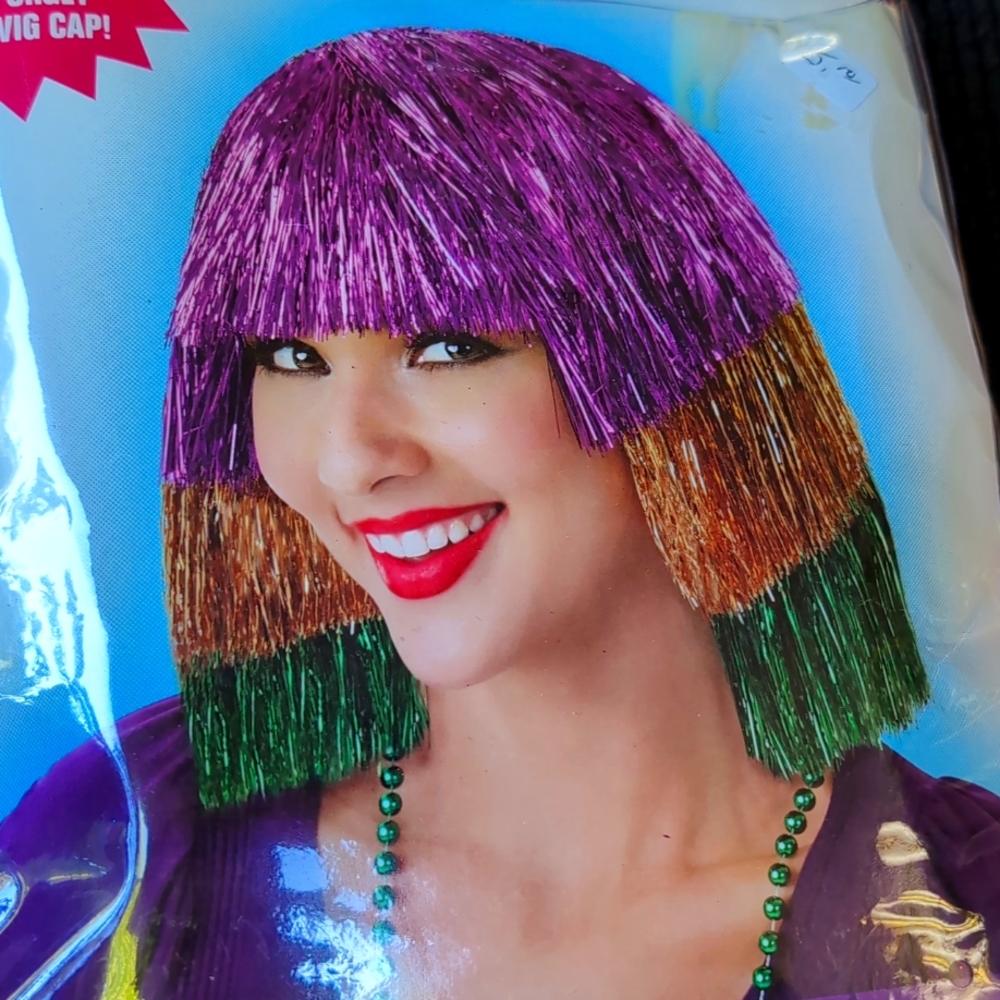 Tinsel Purple Green Gold Wig New